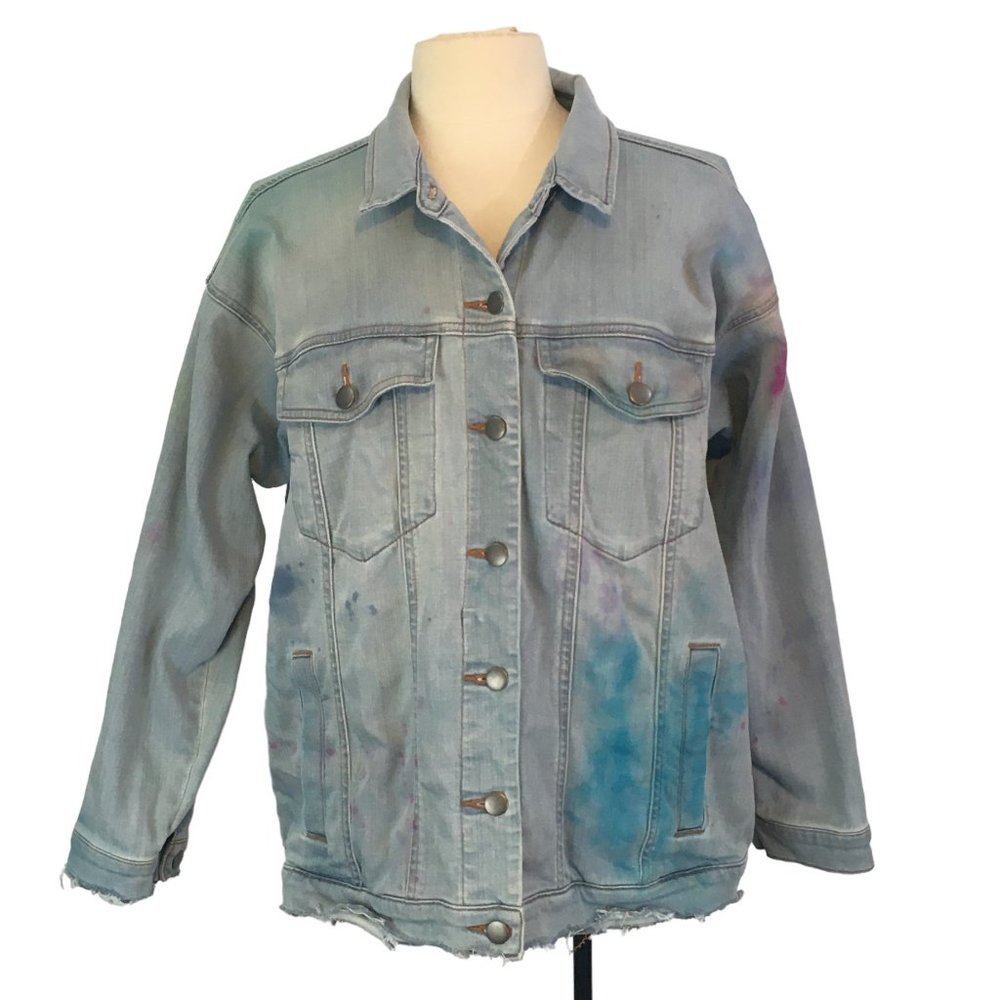 Eileen Fisher Womens Distressed Denim Jacket, Tie Dye Colored,‎ PL